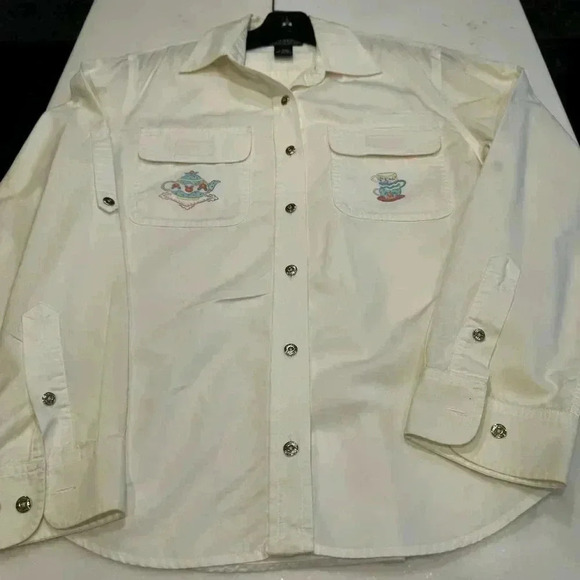 RARE Lauren Ralph Lauren Women’s White Button Up Shirt W/ Tea Pot Embroidery S - Picture 9 of 13